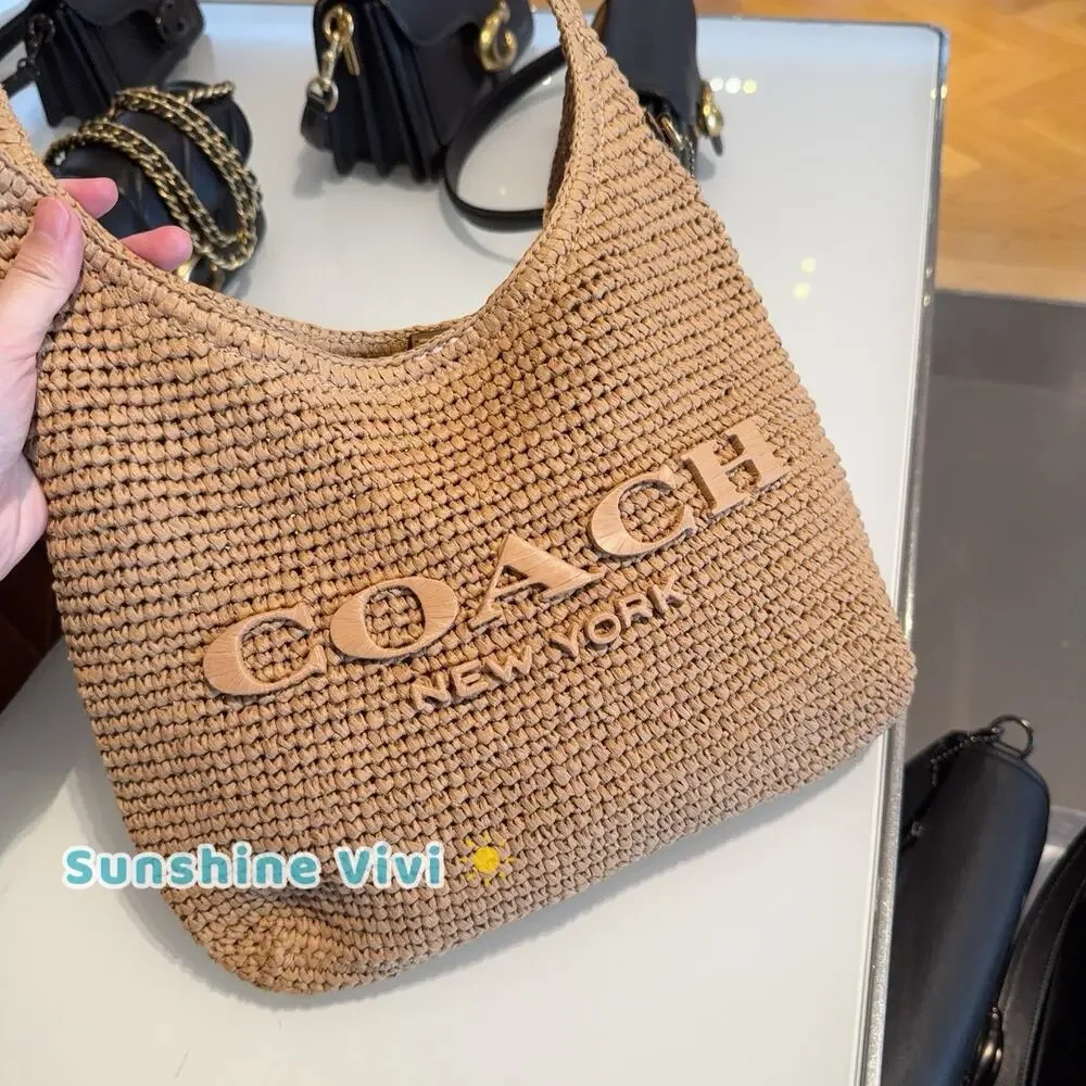 NWT COACH Brooklyn 28 Straw Shoulder Bag CDU75 Handbag Brass/Natural